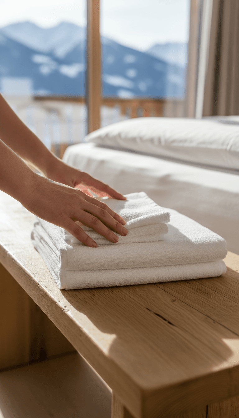 Property manager folding fresh towels inside a chalet in Les Crosets