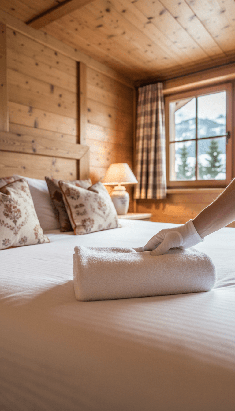 White-gloved hand placing a freshly laundered white towel on a made bed in an alpine chalet bedroom