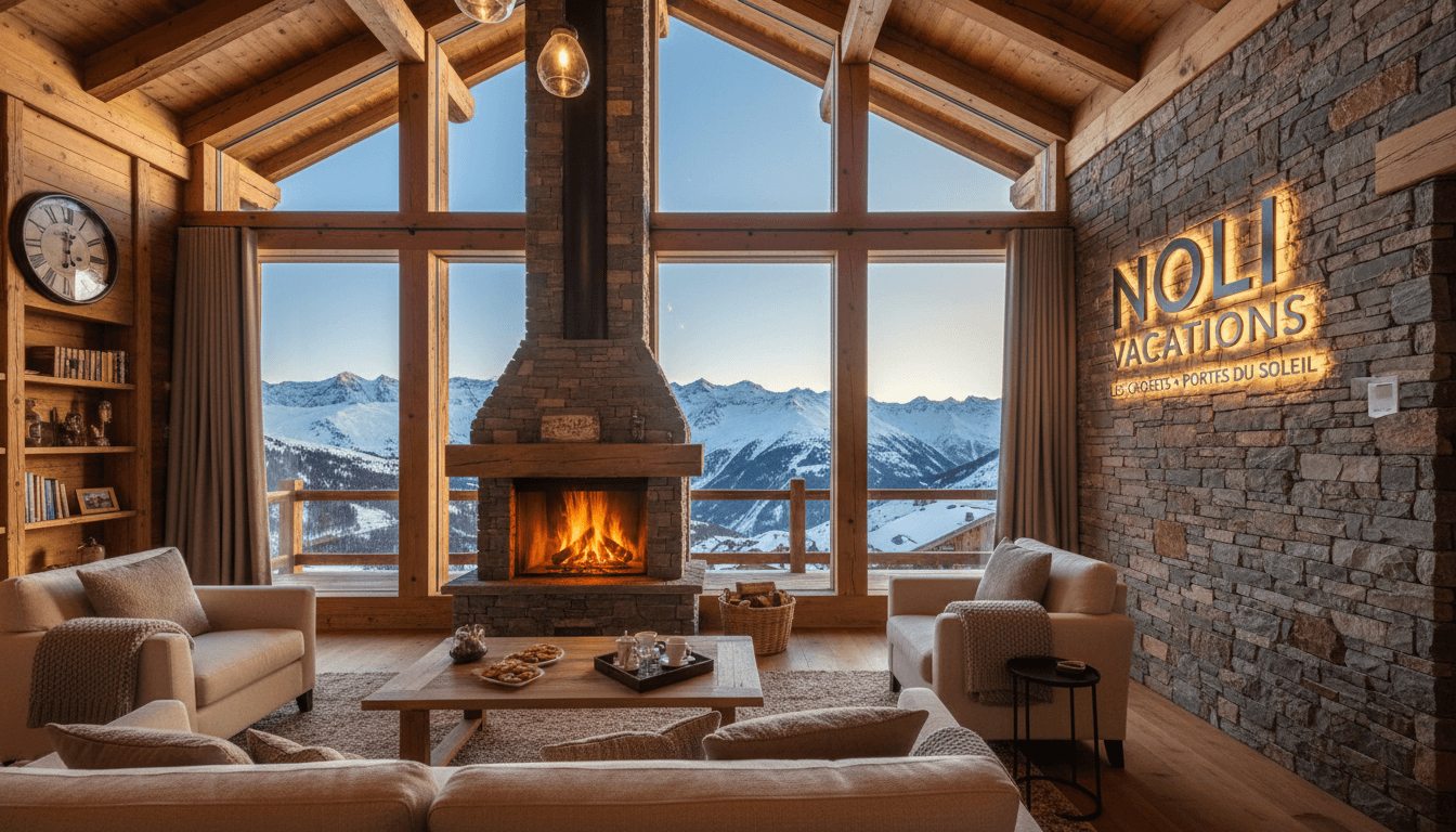 Warm interior of a mountain chalet with large windows overlooking snowy peaks, fireplace glowing, welcoming and cozy atmosphere