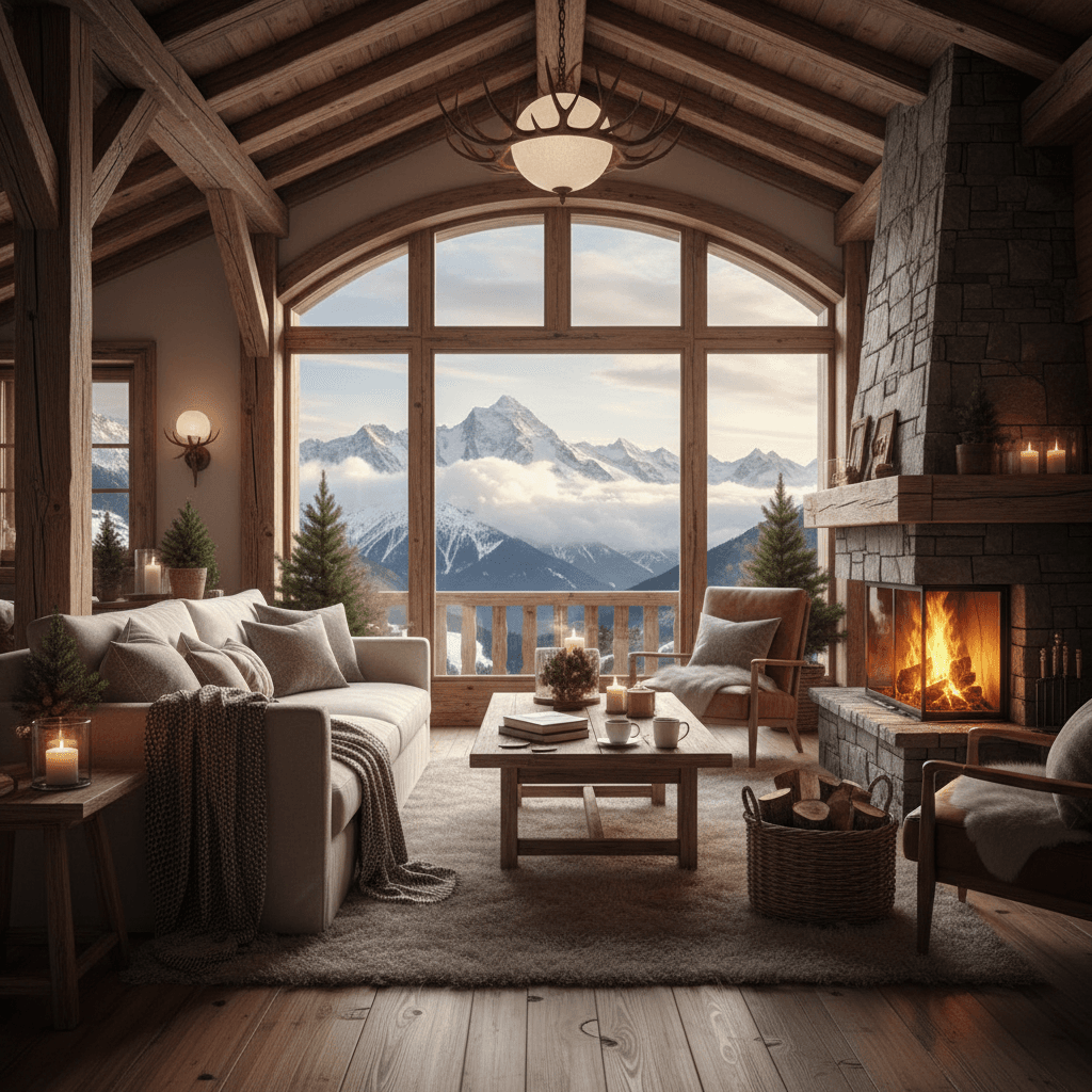 Alpine chalet interior with wooden beams and a view of snow-covered mountains