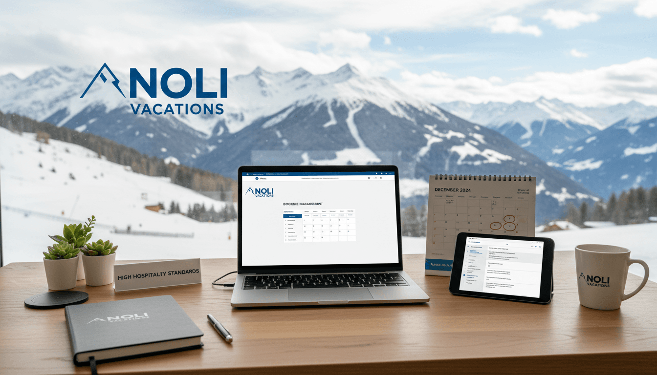 Organized desk with calendar, laptop, and booking management tools, professional workspace with mountain view through window