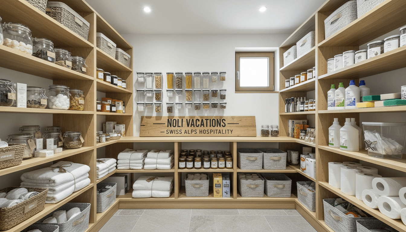 Well-organized kitchen pantry with neatly arranged toiletries, linens, and supplies on shelves, clean and fully stocked
