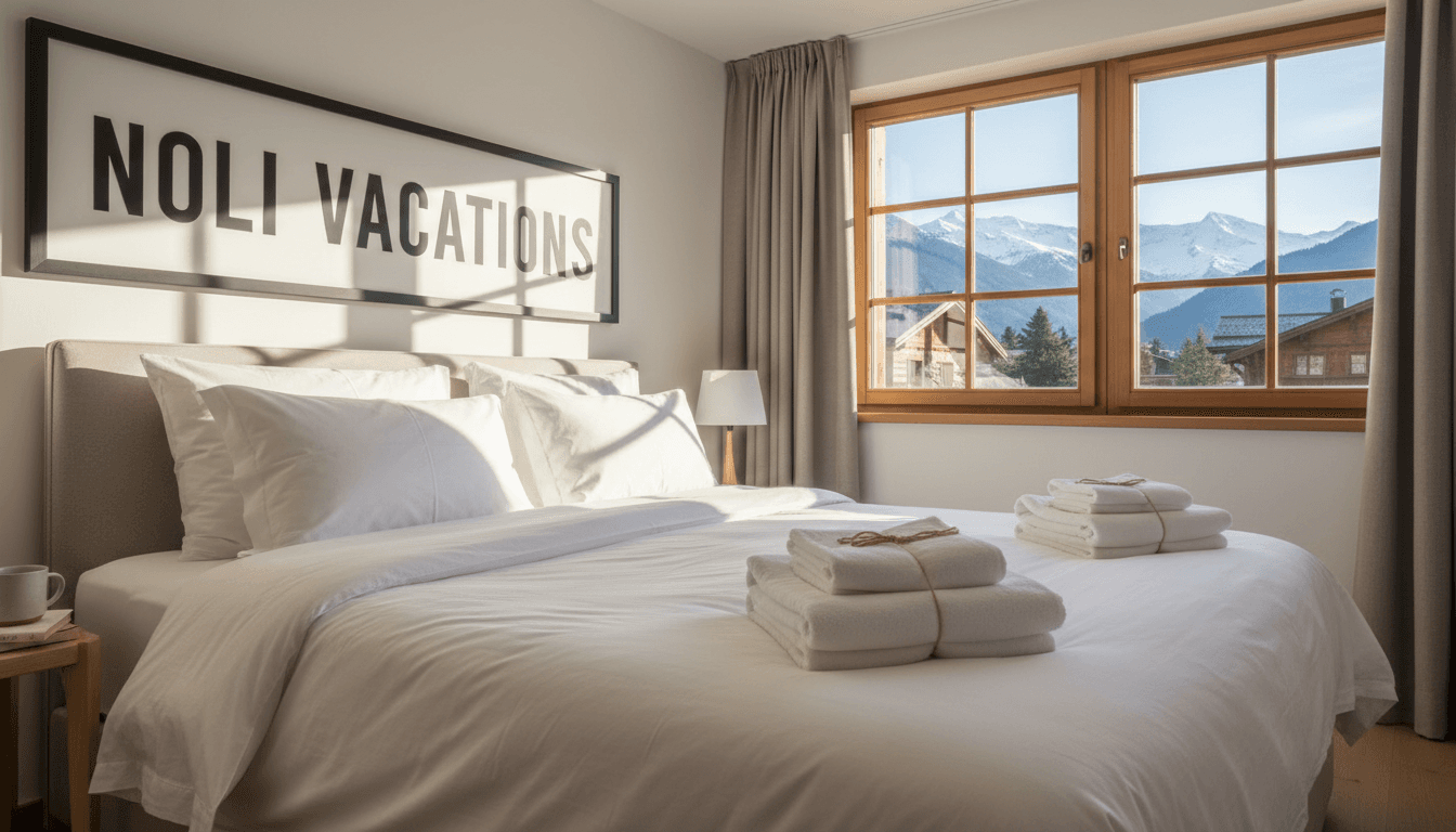 Pristine white bedding and fresh towels folded neatly on a bed in a bright Alpine bedroom, morning light streaming through windows