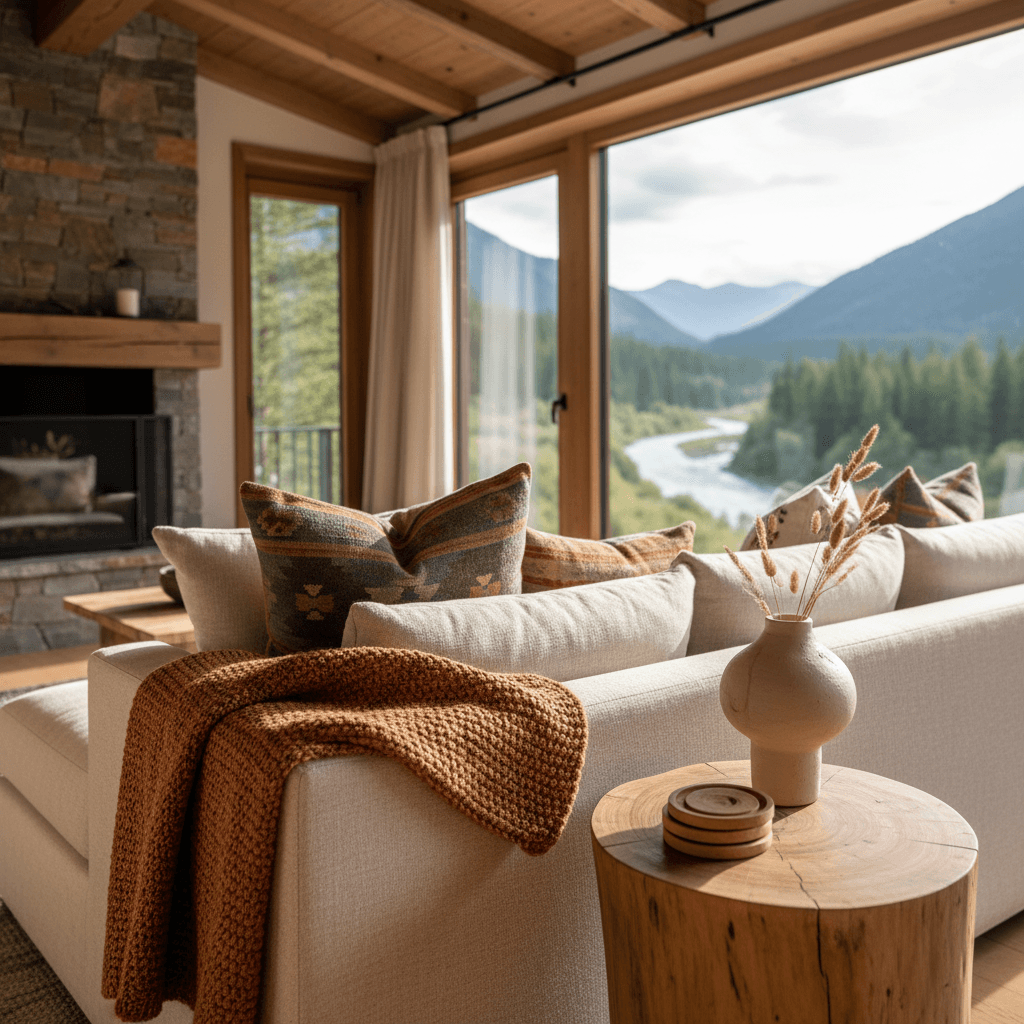Bright alpine chalet interior with snowy mountain view