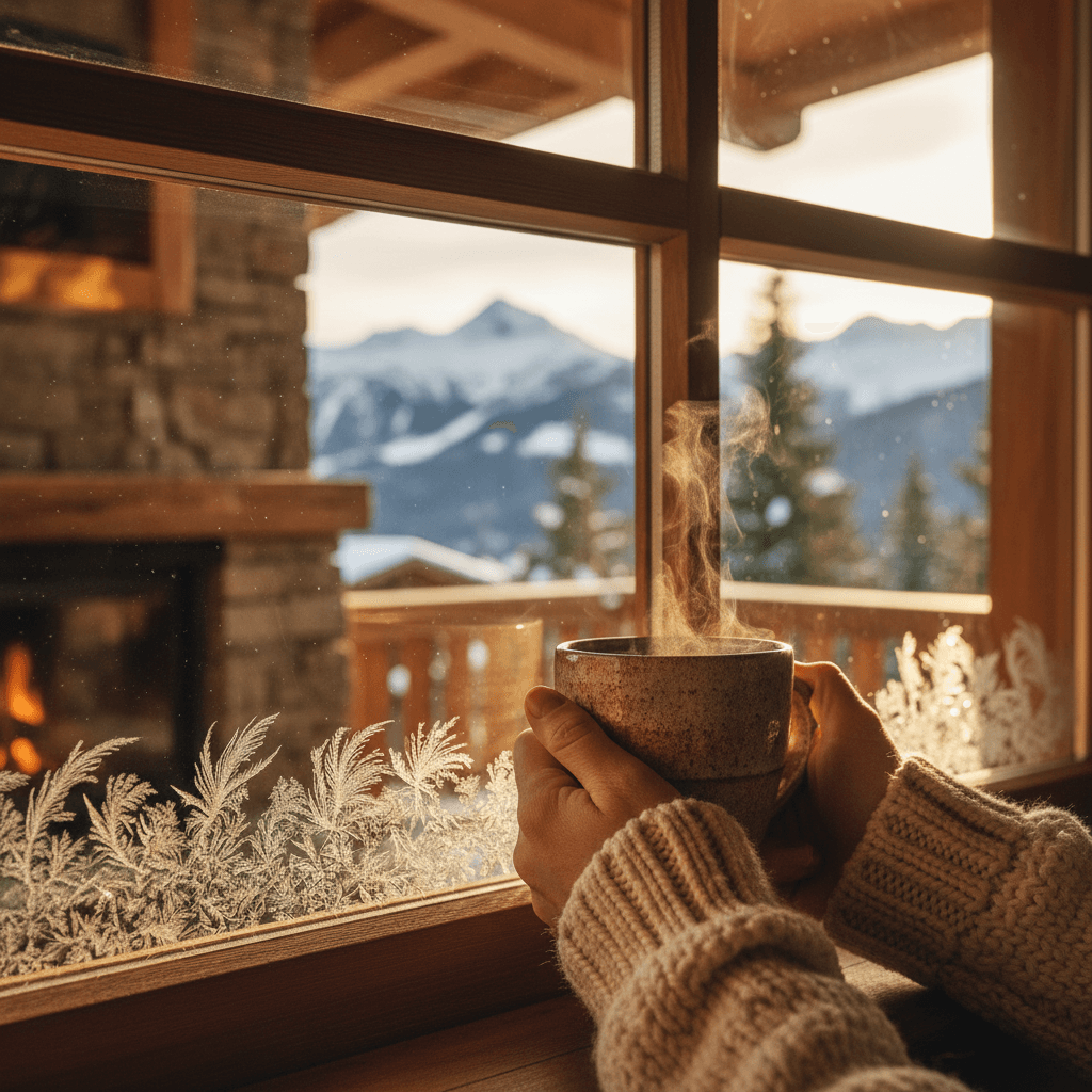 Hospitality professional welcoming guests at the door of an alpine chalet